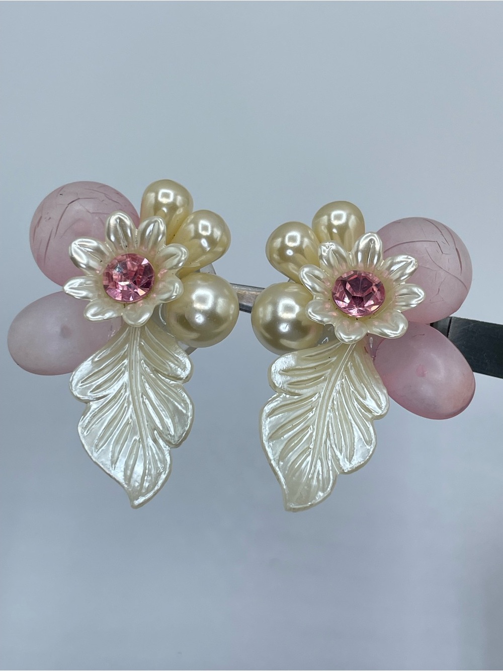 Vintage Two Sisters Pink Acrylic Floral Clip On Earrings Faux Pearl Statement